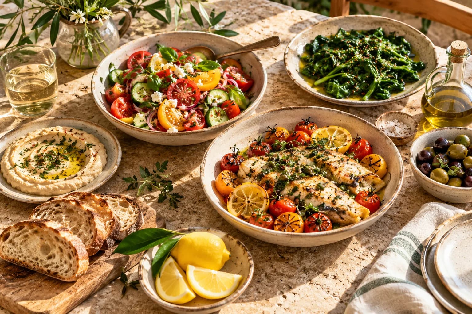 A Mediterranean meal with fish, vegetables, olives and lemon on a sunlit table